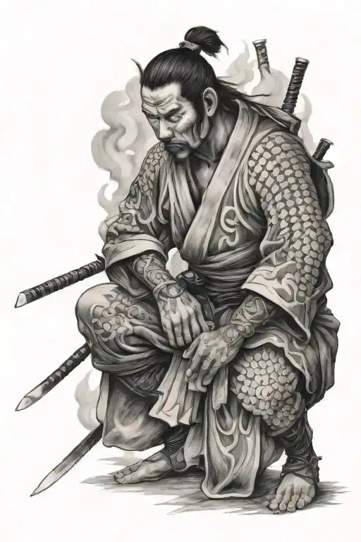 A Samurai On His Knees As His Japanese Village Is Burning Behind Him