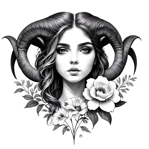 Woman's Face Aries And Flowers Blooming