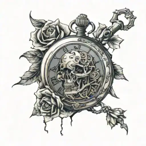 Pocket Watch Cracked With Skull And Flowers