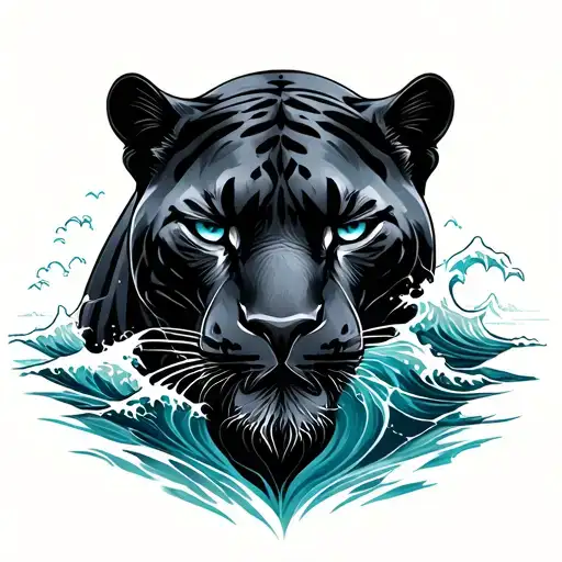 Calm Black Panther Head With Ocean Waves Crashing