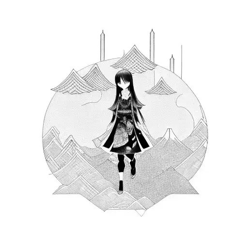A Mesmerizing Black And Grey Tattoo Of A Girl Surrounded By A Japanese Skyline
