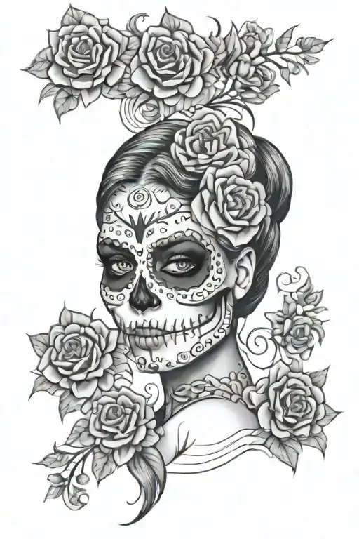 Sugar Skull Human Face Marigolds In Hair