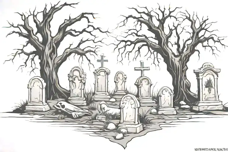 Graveyard With 6 Tombstones With Grim Reaper And Dead Tree Gothic On Stomach