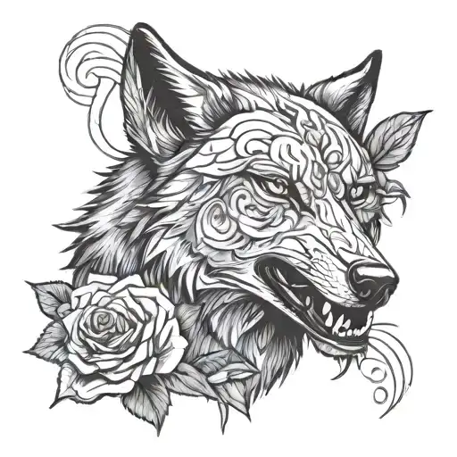 Wolf Face With Rose In Mouth And Scar In One Eye