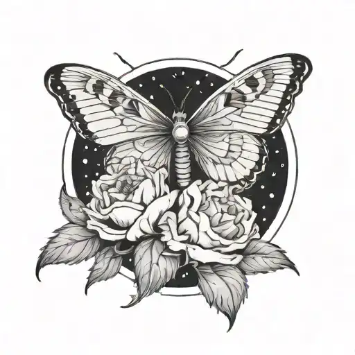 Crecent Moon With A Moth Flying And A Carnation Flower