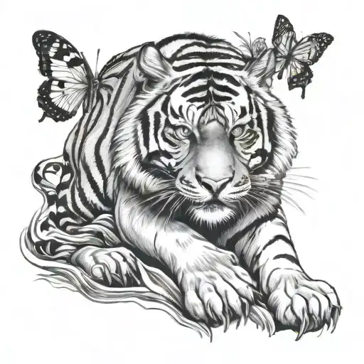 Tiger Standing Up Reaching For Butterfly