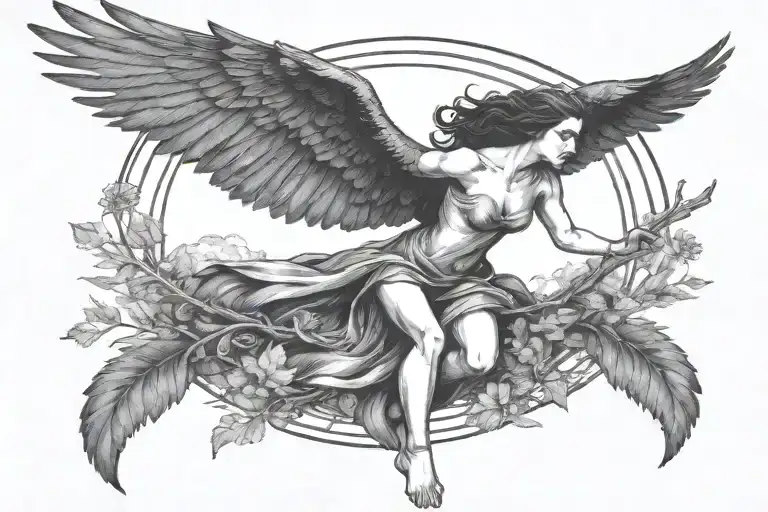 Woman With Raven Head And Wings Flying Surrounded By Forest And Sun