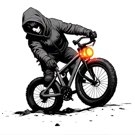 A Character Hooded In Mountaineer Bicycle With Led Lights On White Background