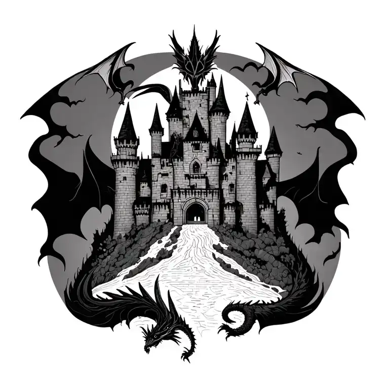 Gothic Symmetrical Castles Scene With A Dragon At The Highest Point Of The Castle