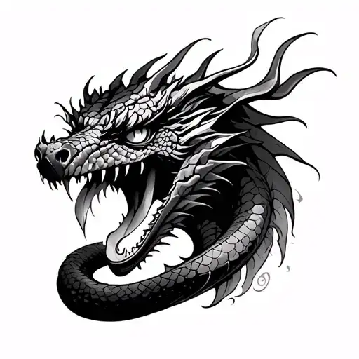 Dragon Head With Fire Eyes And A Snake As A Tongue
