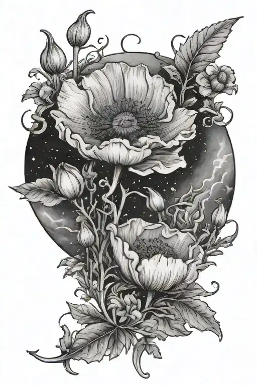 Poppy And Honeysuckle On A Moon