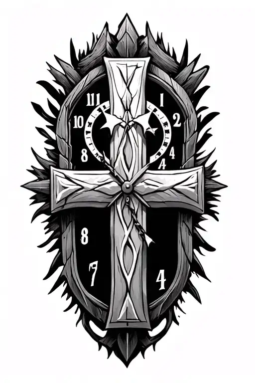 Nordic Cross With A Clock Behind It With The Hands On 10 & 3 With A Viking Theme As The Background