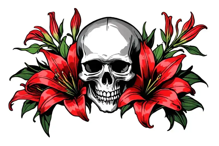 Small Skulls Intertwined With Red Lilies For The Inner Arm