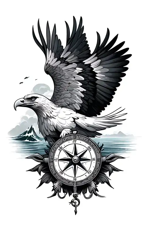 Eagle Over Sea With A Compass