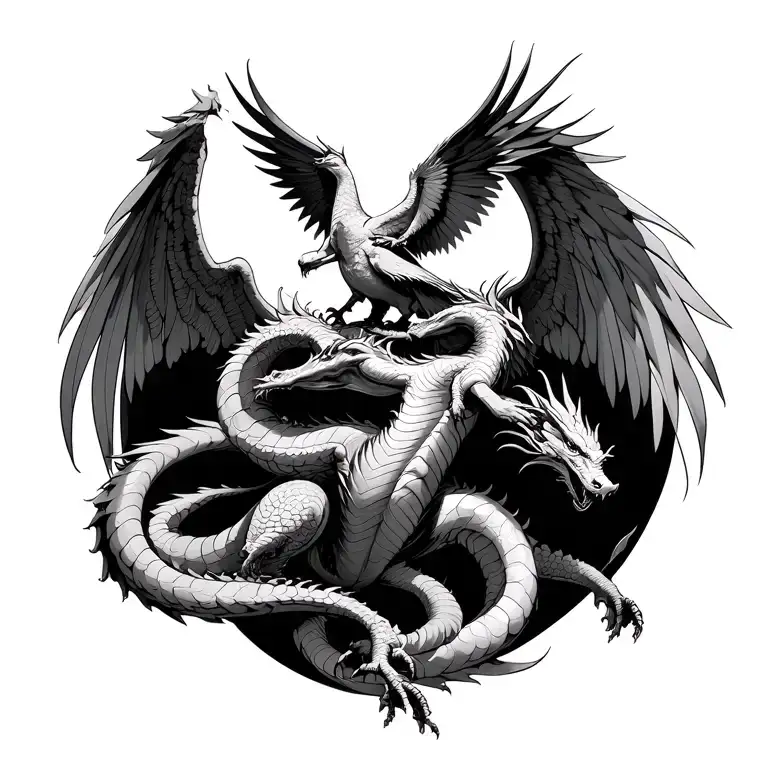 2 Dragons And A Phoenix On Top Carrying A Fallen Angel