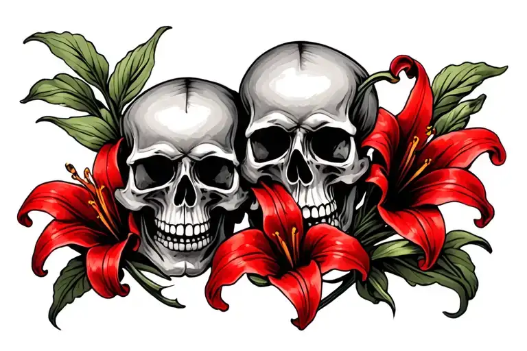 4 Small Skulls Intertwined With 3 Red Lilies For The Inner Arm