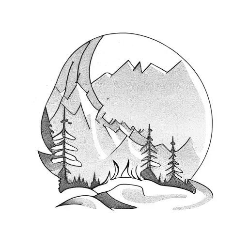 A Campfire Scene With A Silhouette Of A Hunter And Mountains In The Background