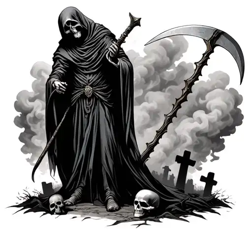 The Grim Reaper Holding A Scythe With The Background Of Smoke With Skulls And A Graveyard