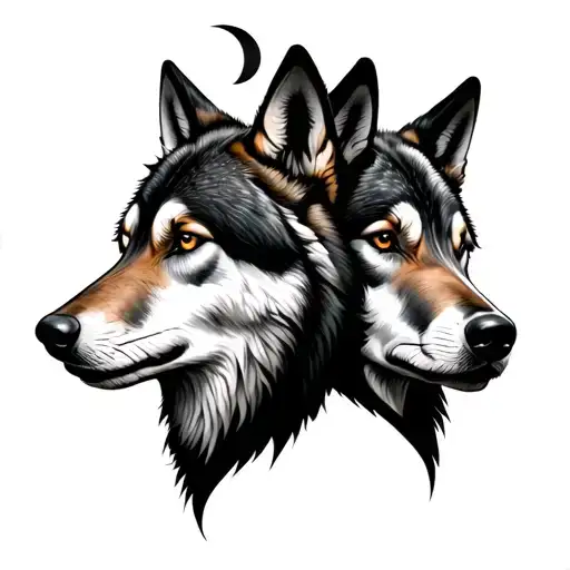 3 Wolves Heads Up To Moon Backs Together