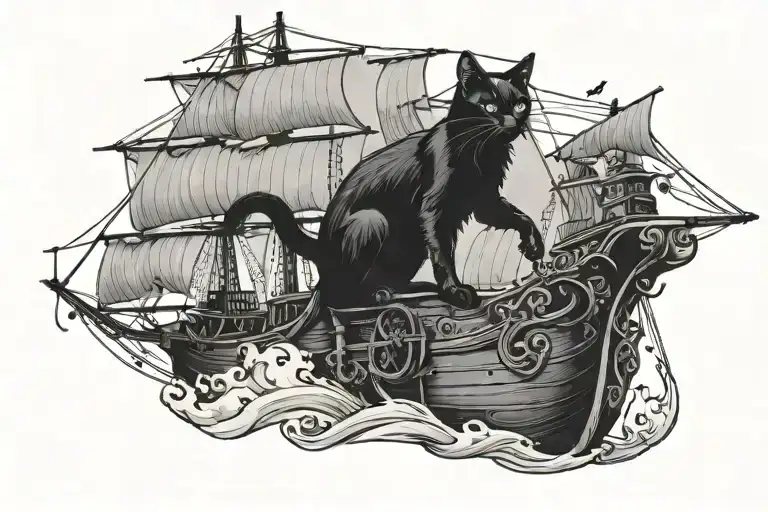 Simple Black Cat On A Pirate Ship