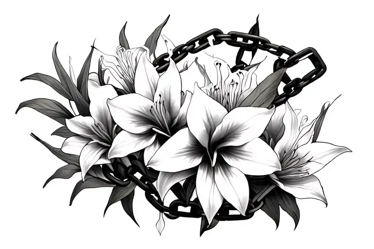 Multiple Broken Chains With Amaryllis Flowers Intertwined In The Background
