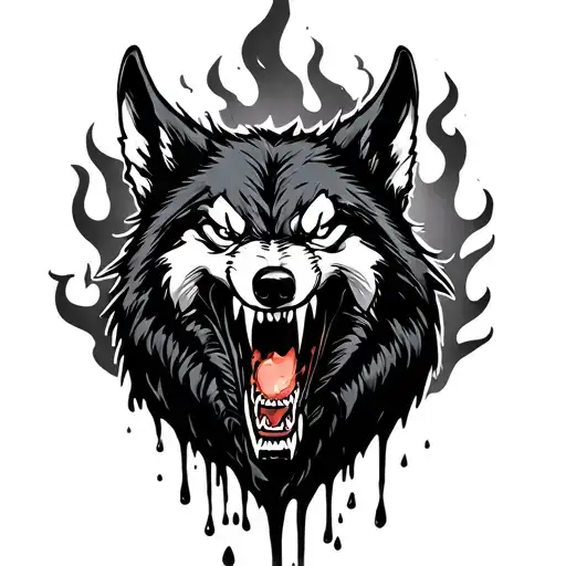 Wolf Baring It's Fangs As Venom Drips From The Fangs With Flames Behind