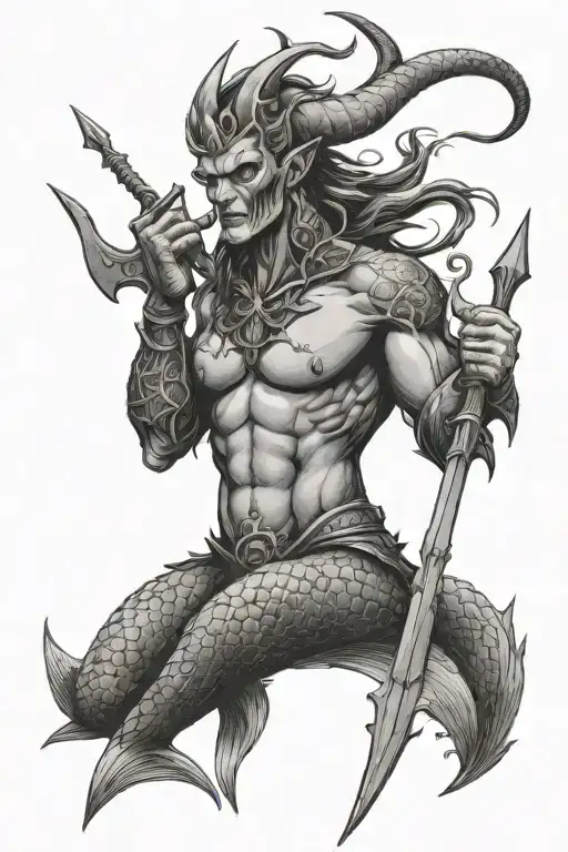 Mermaid Demon With Horns And A Trident With The Head Of Possession Nailed