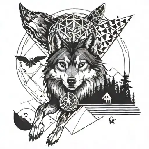 A Geometric Design Incorporating A Wolf And An Owl In A Travel-inspired Theme