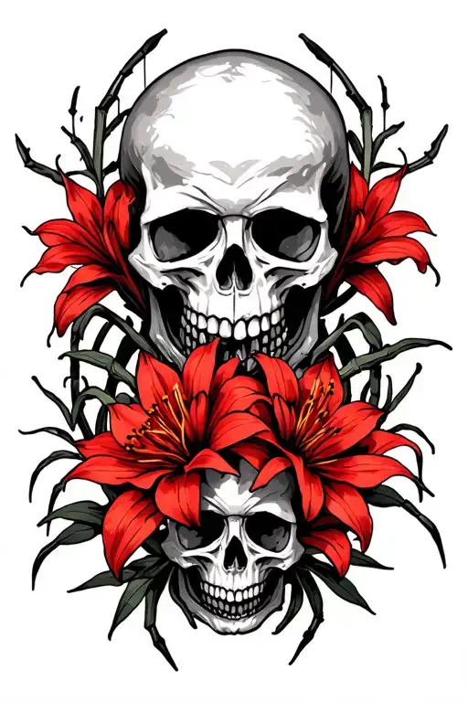 Skulls Intertwined With Red Spider Lilies