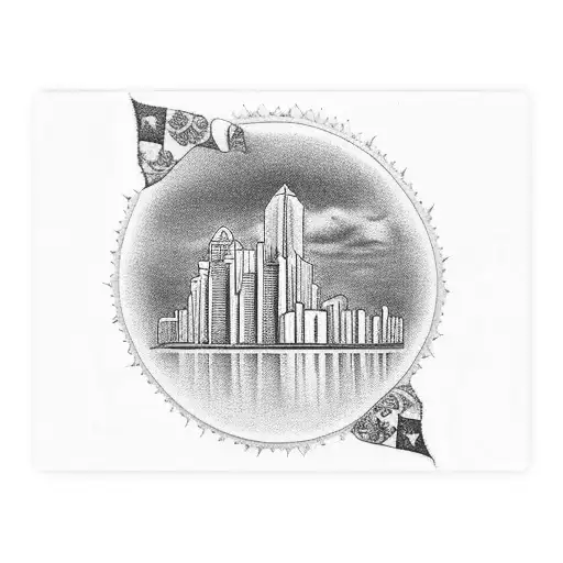 A Black And Grey Tattoo Of A Postcard Featuring The Sxm Skyline