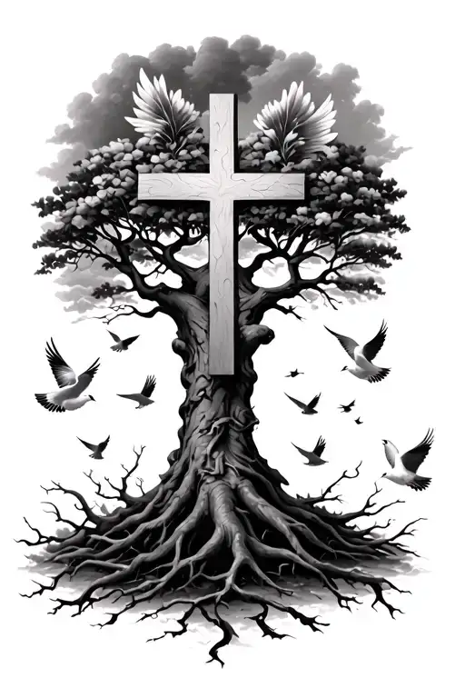 Tree Forming A Cross With Doves Flaying Around It