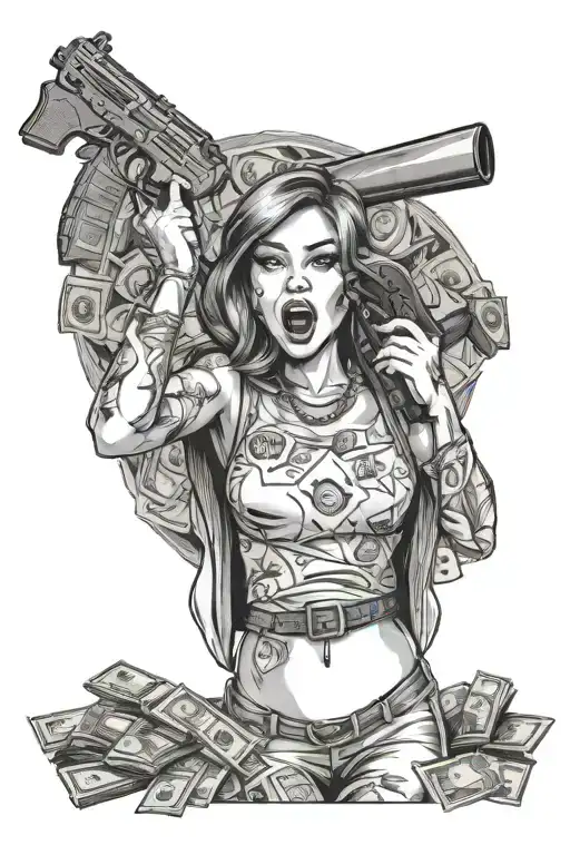 Woman With Money In Her Mouth Open Looking Straight And Ak47 In Hand
