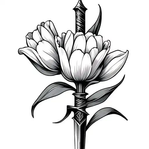 Small Dagger Tattoo With Tulip Flower Wrapped Around It