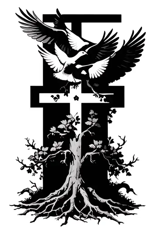 Tree And Roots Forming A Cross With Doves Flaying Around It