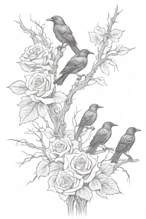 Barb Wire Wrapping With Rose Bushes And Crows Flying