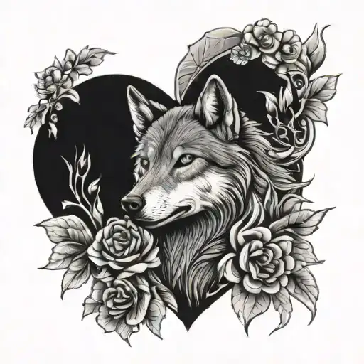 Wolf Flowers Surrounding And Hearts