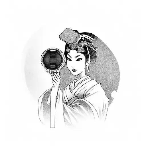 A Mesmerizing Black And Grey Geisha Holding A Game Console Controller