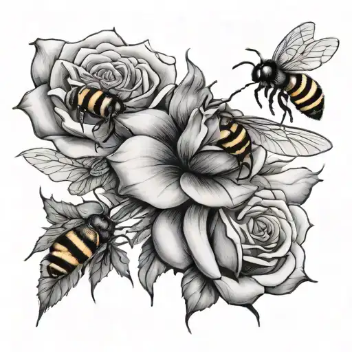 1 Rose And 4 Bees Flying