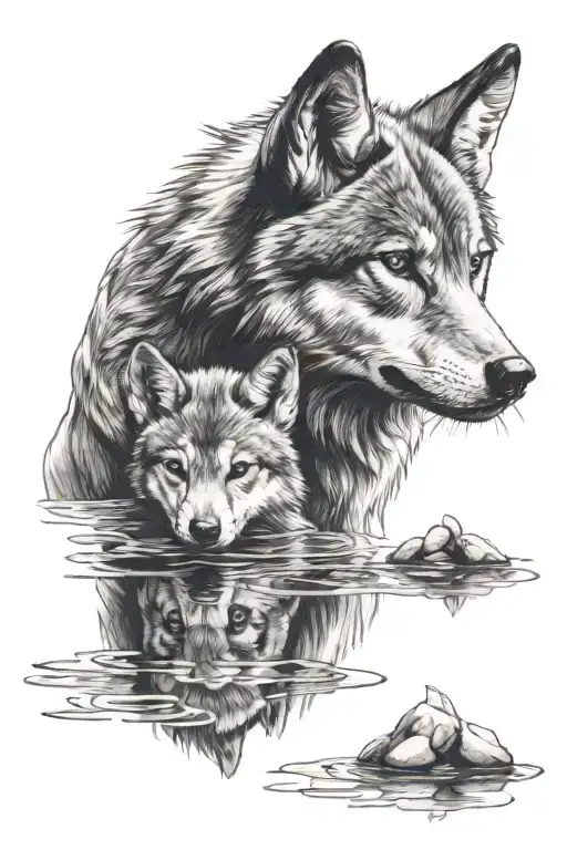 Wolf Cub And Wolf Reflection In The Water Darken Everything