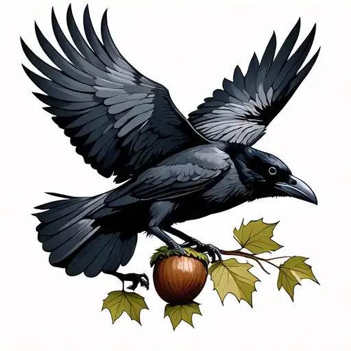 Crow Flying Holding An Acorn