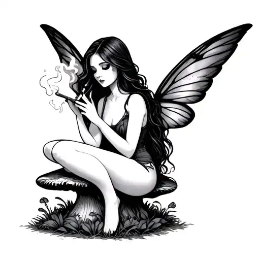 Fairy With Long Wings Long Hair Sitting Smoking Joint On Mushroom