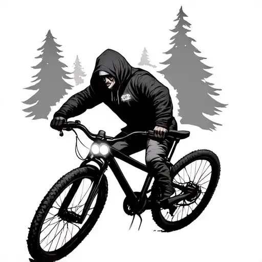 A Character Hooded In Mountaineer Bicycle With Led Lights On White Background