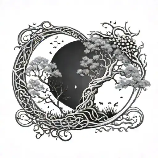 Tree Of Life With Coral Reef Intertwined And A Big Crescent Moon On The Side