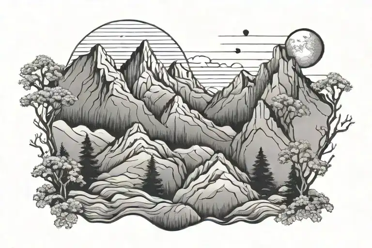 Fine Line 4 Mountains With Three Small Trees With Small Moon Above The Mountain