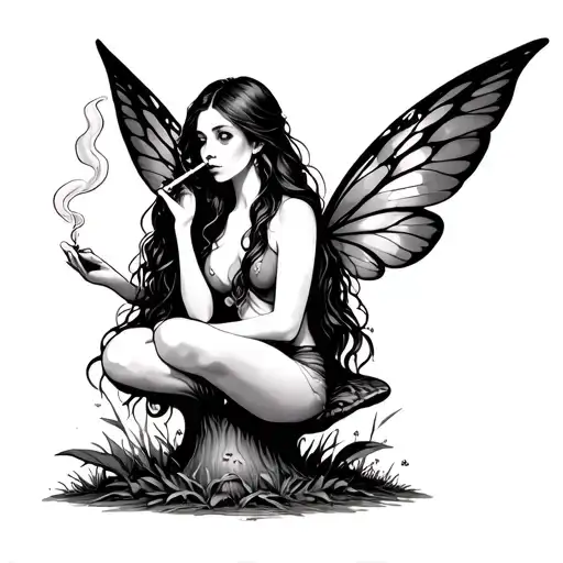 Fairy With Long Wings Long Hair Sitting Smoking Joint On Mushroom