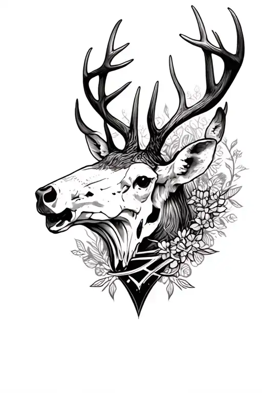 Concept Tattoo With Family Incorporated And A Deer Skull With The Antlers Around The Knee
