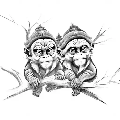 A Black And Grey Tattoo Of Three Wise Monkeys Sitting On A Tree Branch