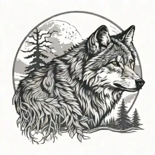 Beautiful Gray Wolf Standing Alone In A Wooded Area In Front Of A Full Super Moon