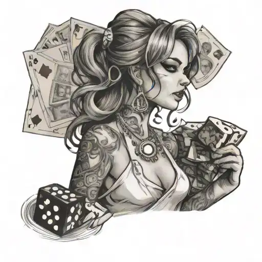 A Young Woman With Some Dice And A Roulette Wheel And Bills