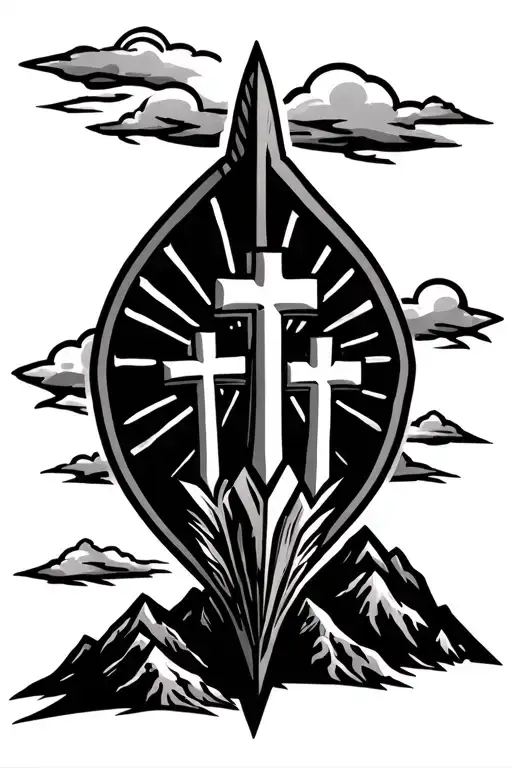 Arrowhead Outline With 3 Crosses On A Mountain With Sun Rays And Clouds In The Background